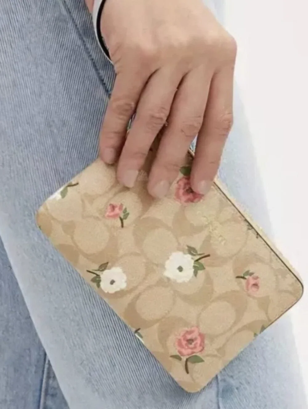 Coach Beige Floral Canvas Wristlet with Pink & White Roses NWT